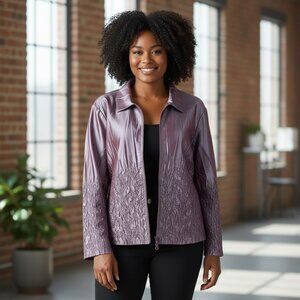 Jacket Blazer Womens Purple Satin Metallic Silky Finish Long Sleeve Purple XXL